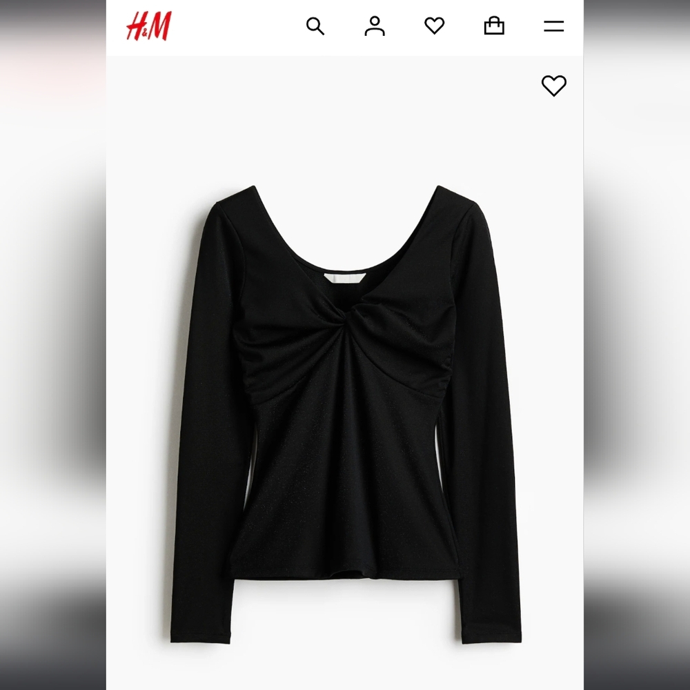 H&M Glittery Black Long Sleeve Twist-Detail Top Size Small